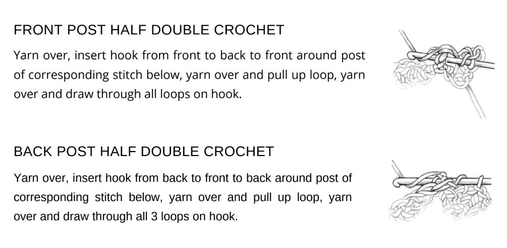 Front post half double crochet
Back post double crochet