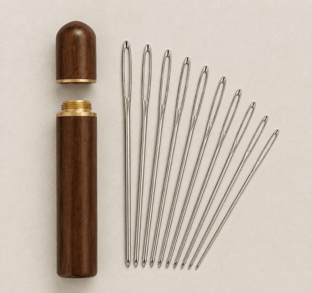 Yarn needles in brass case